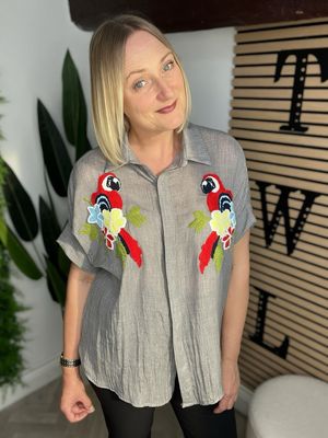 Embroidered Blurred Sheer Shirt - Grey