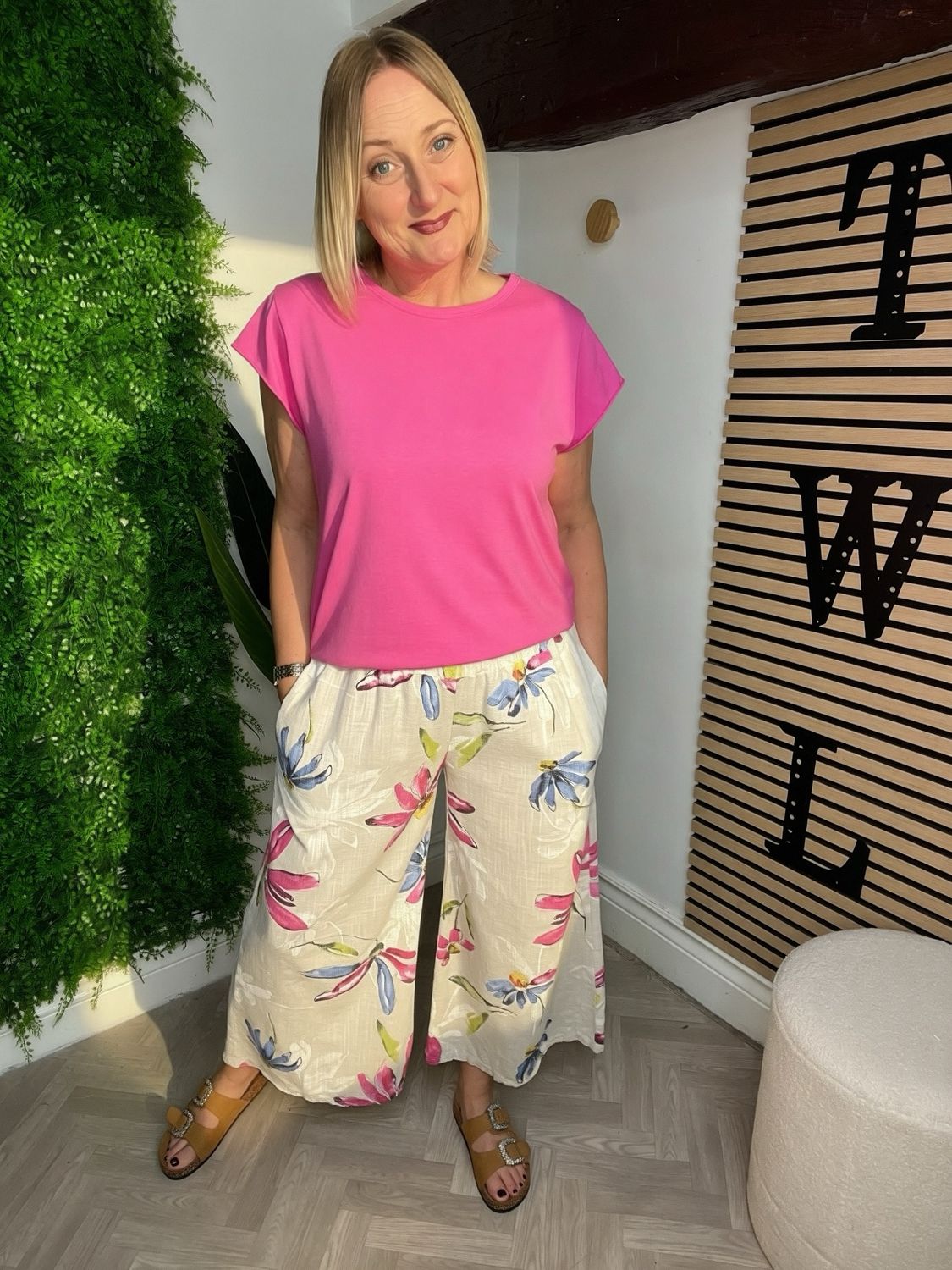 Floral Cotton Wider Leg Trousers - Stone