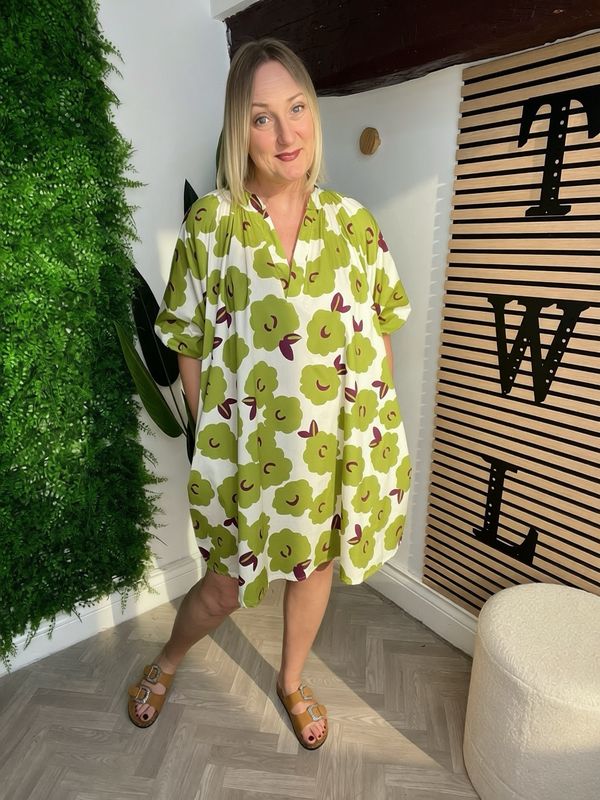 Tunic Dress Puff Sleeves - Lime & Purple