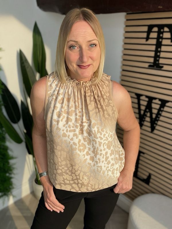 Halter Neck Style Top With Frill Neck - Light Camel