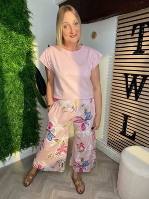 Floral Cotton Wider Leg Trousers - Rose Floral Cotton Wider Leg Trousers - Rose