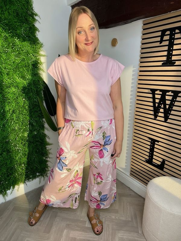 Floral Cotton Wider Leg Trousers - Rose