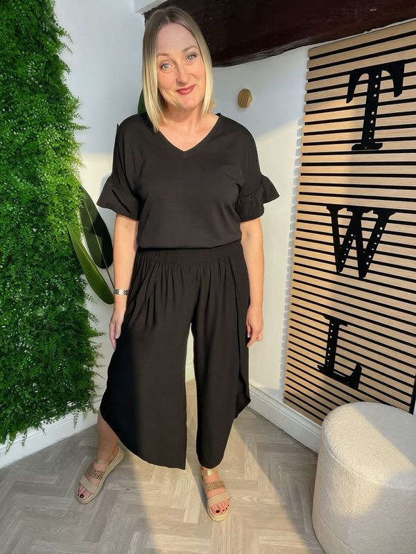 Loose Fold Over Summer Trousers - Black
