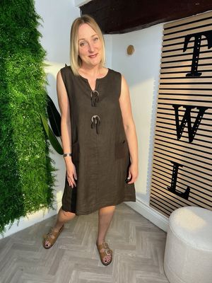 Linen Dress With Button Tie Detail - Coffee Linen Dress With Button Tie Detail - Coffee