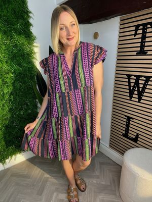 Aztec Smock Tunic Dress - Navy