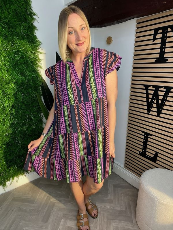 Aztec Smock Tunic Dress - Navy