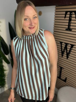 Halter Neck Style Top With Frill Neck - Coffee & Mint Halter Neck Style Top With Frill Neck - Coffee & Mint