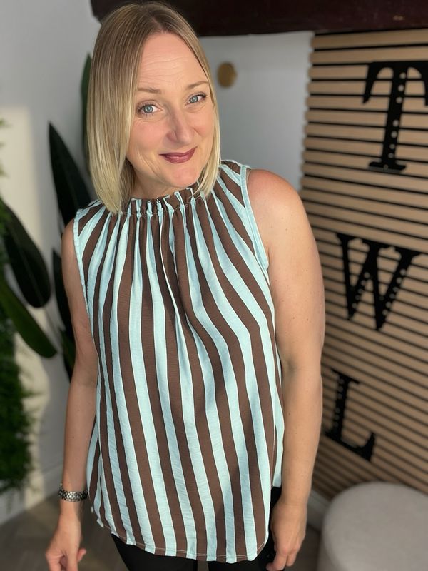 Halter Neck Style Top With Frill Neck - Coffee & Mint