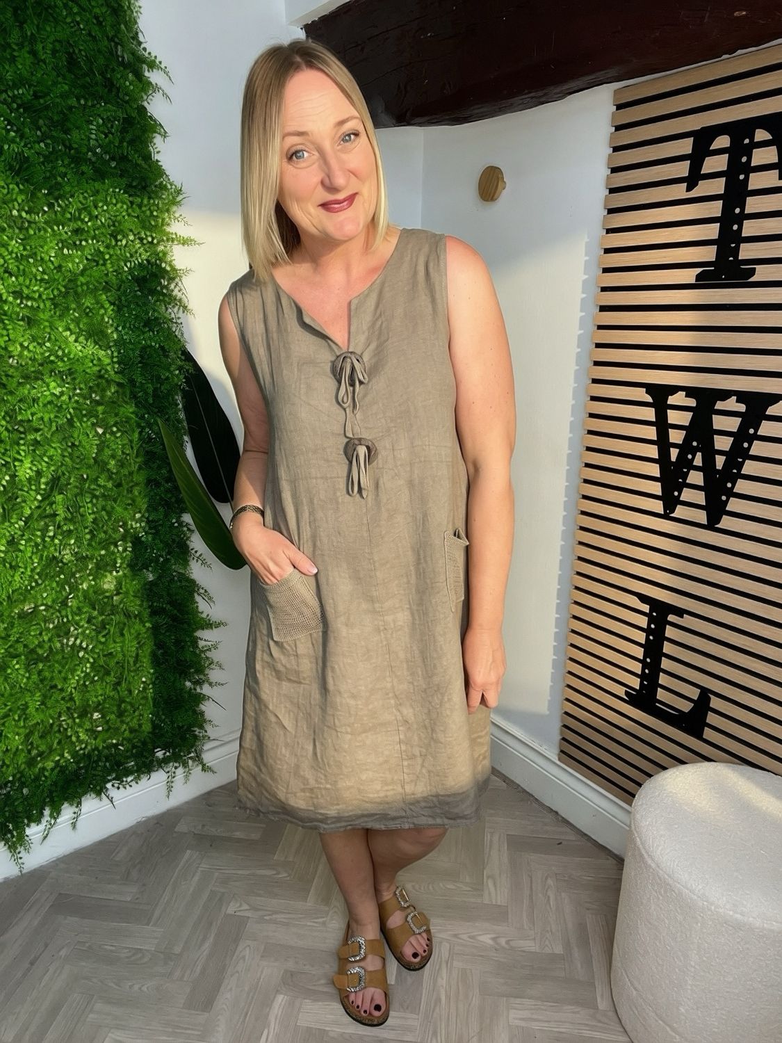 Linen Dress With Button Tie Detail - Cappuccino Linen Dress With Button Tie Detail - Cappuccino