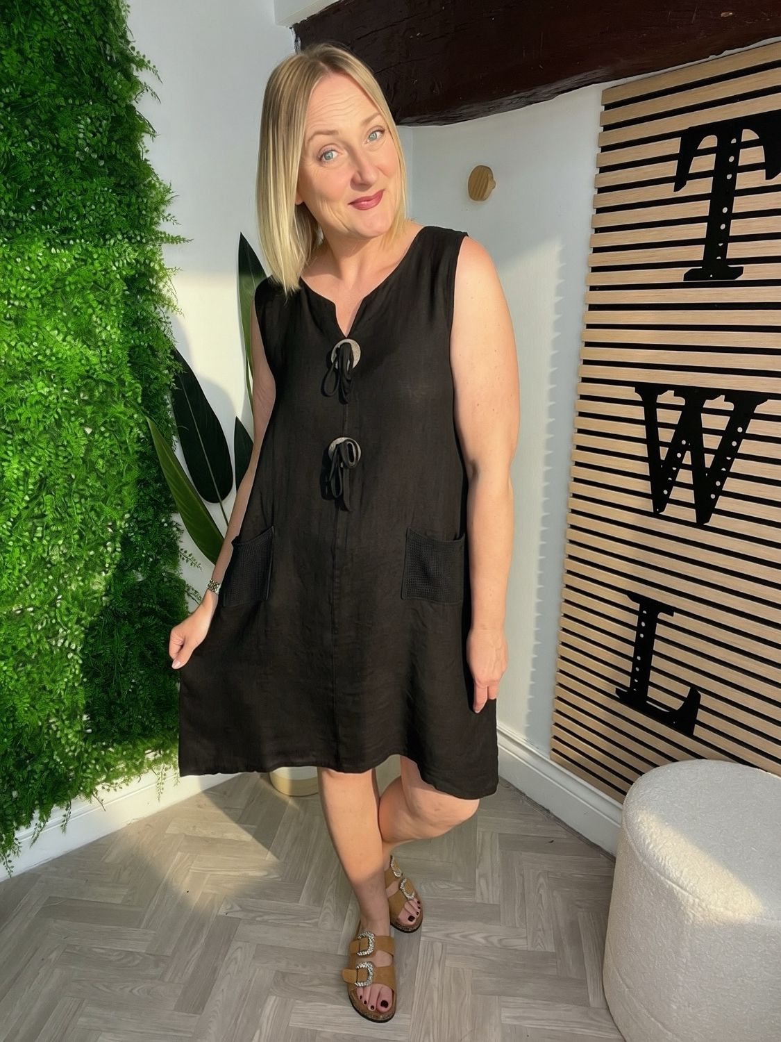 Linen Dress With Button Tie Detail - Black Linen Dress With Button Tie Detail - Black