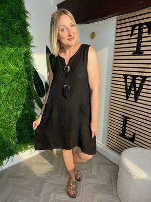 Linen Dress With Button Tie Detail - Black
