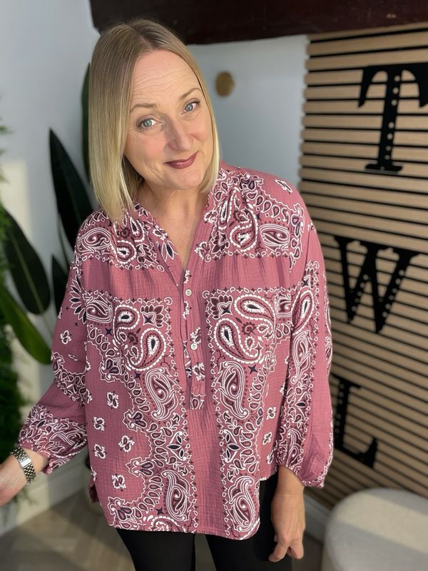 Waffle Bandana Print Top - Damask Rose