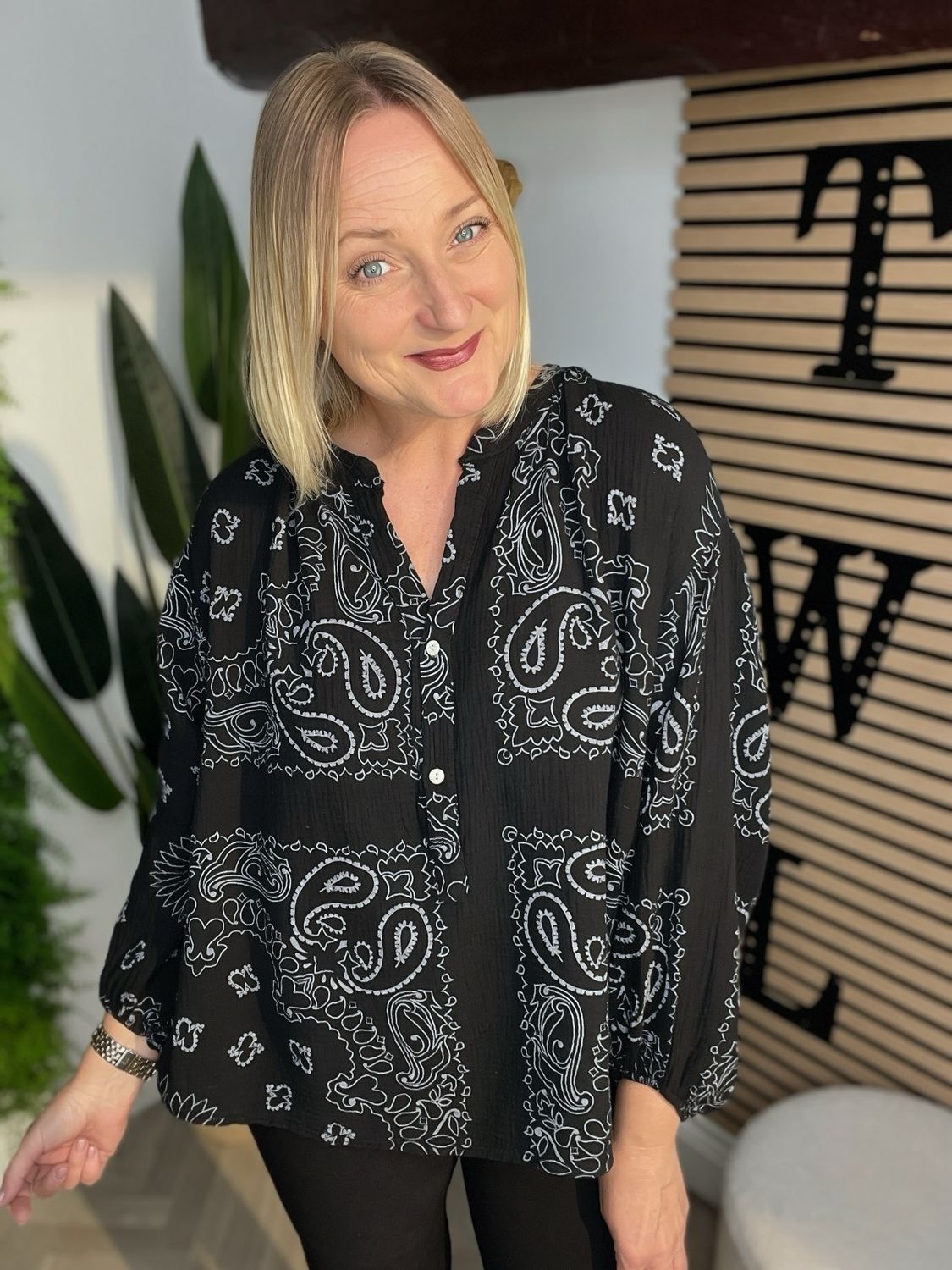 Waffle Bandana Print Top - Black Waffle Bandana Print Top - Black