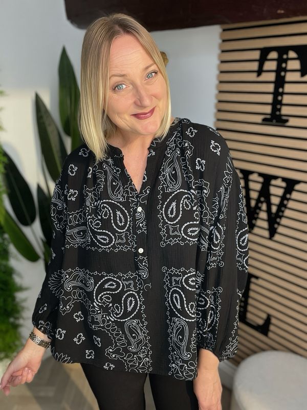 Waffle Bandana Print Top - Black