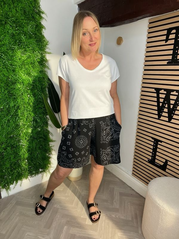 Bandana Print Waffle Shorts - Black