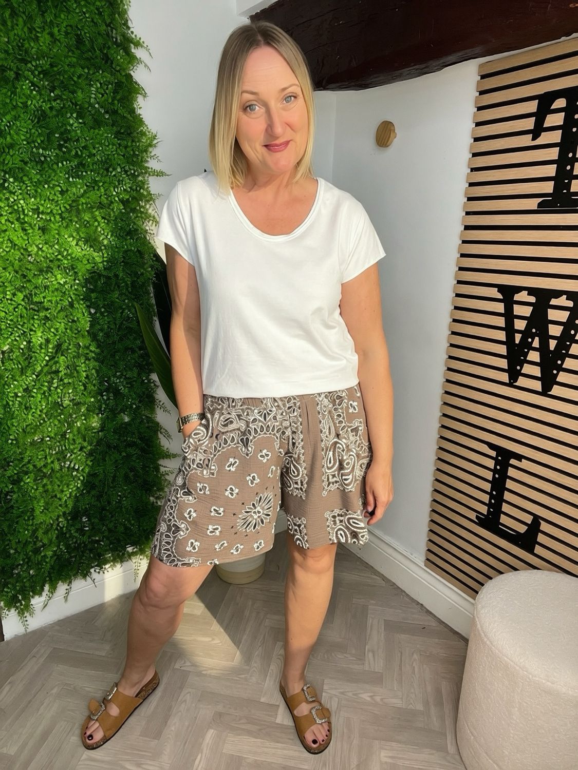 Bandana Print Waffle Shorts - Mocha