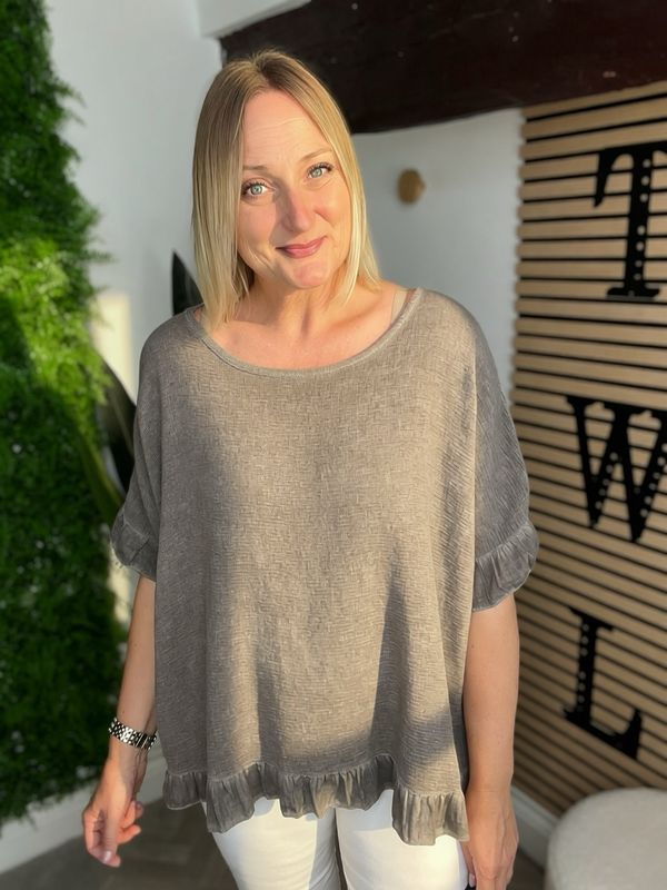 Frill Sleeve & Hem Summer Top - Brown