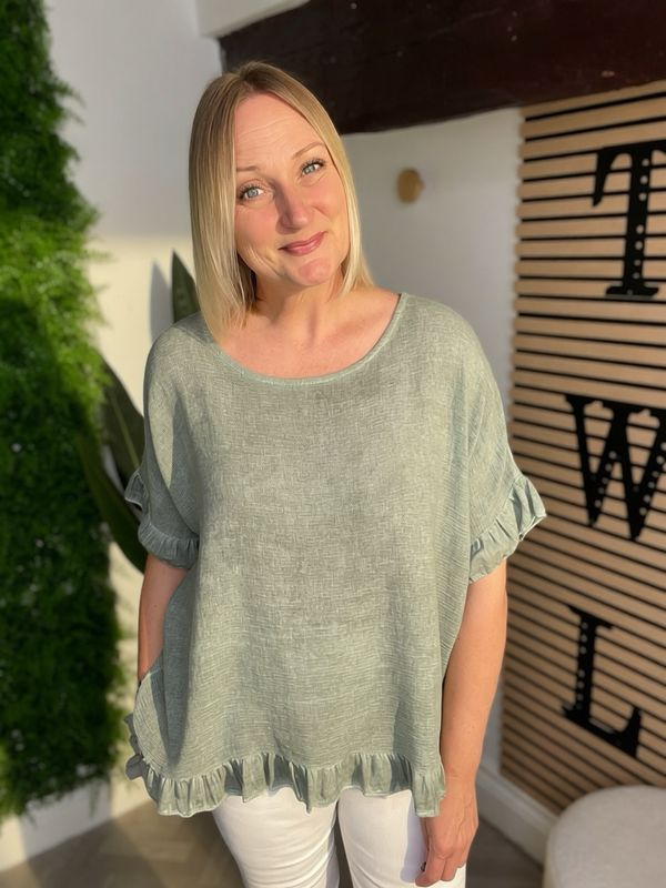 Frill Sleeve & Hem Summer Top - Khaki