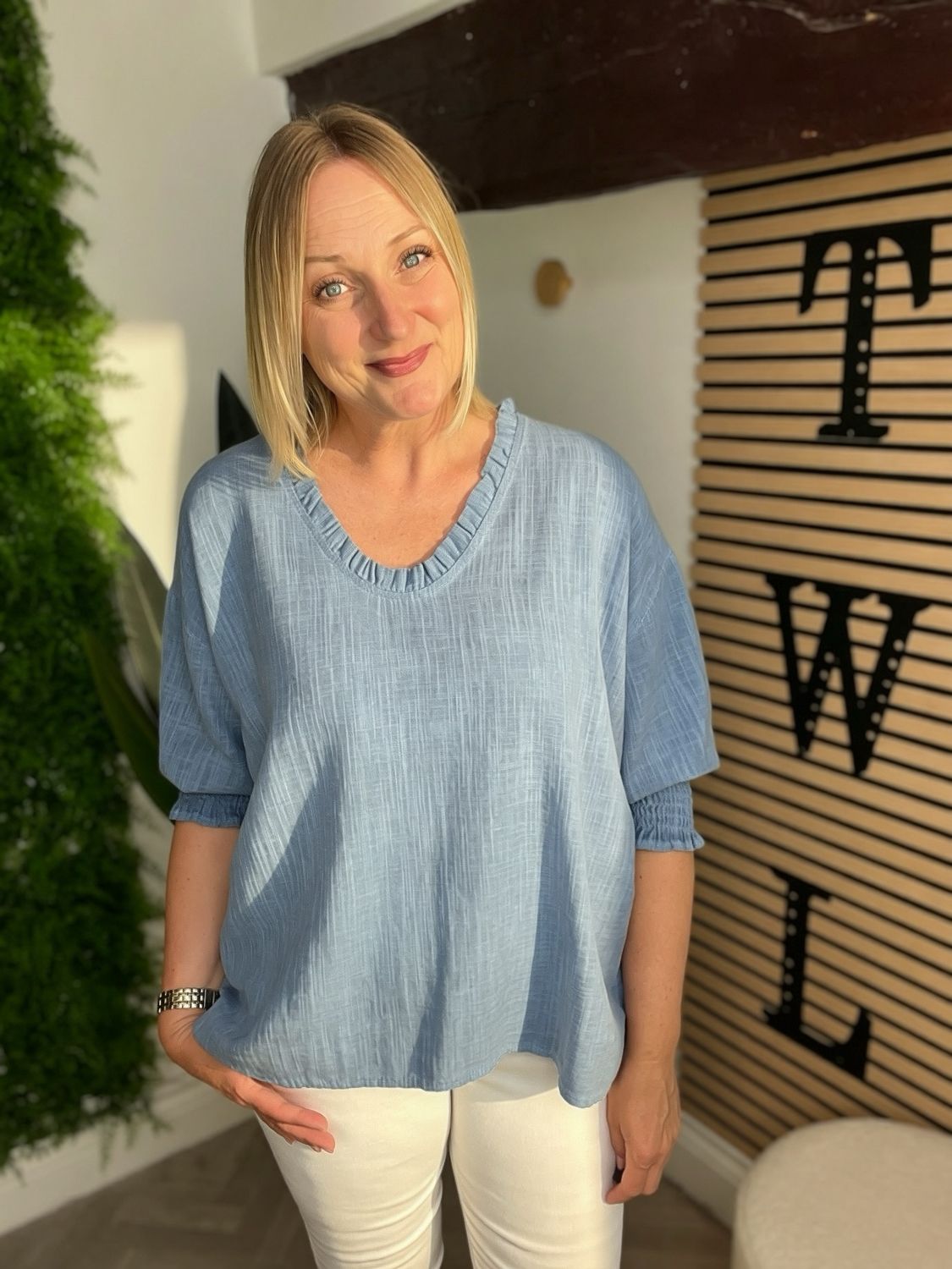 Frill Neck Cotton Blouse Top - Blue Frill Neck Cotton Blouse Top - Blue