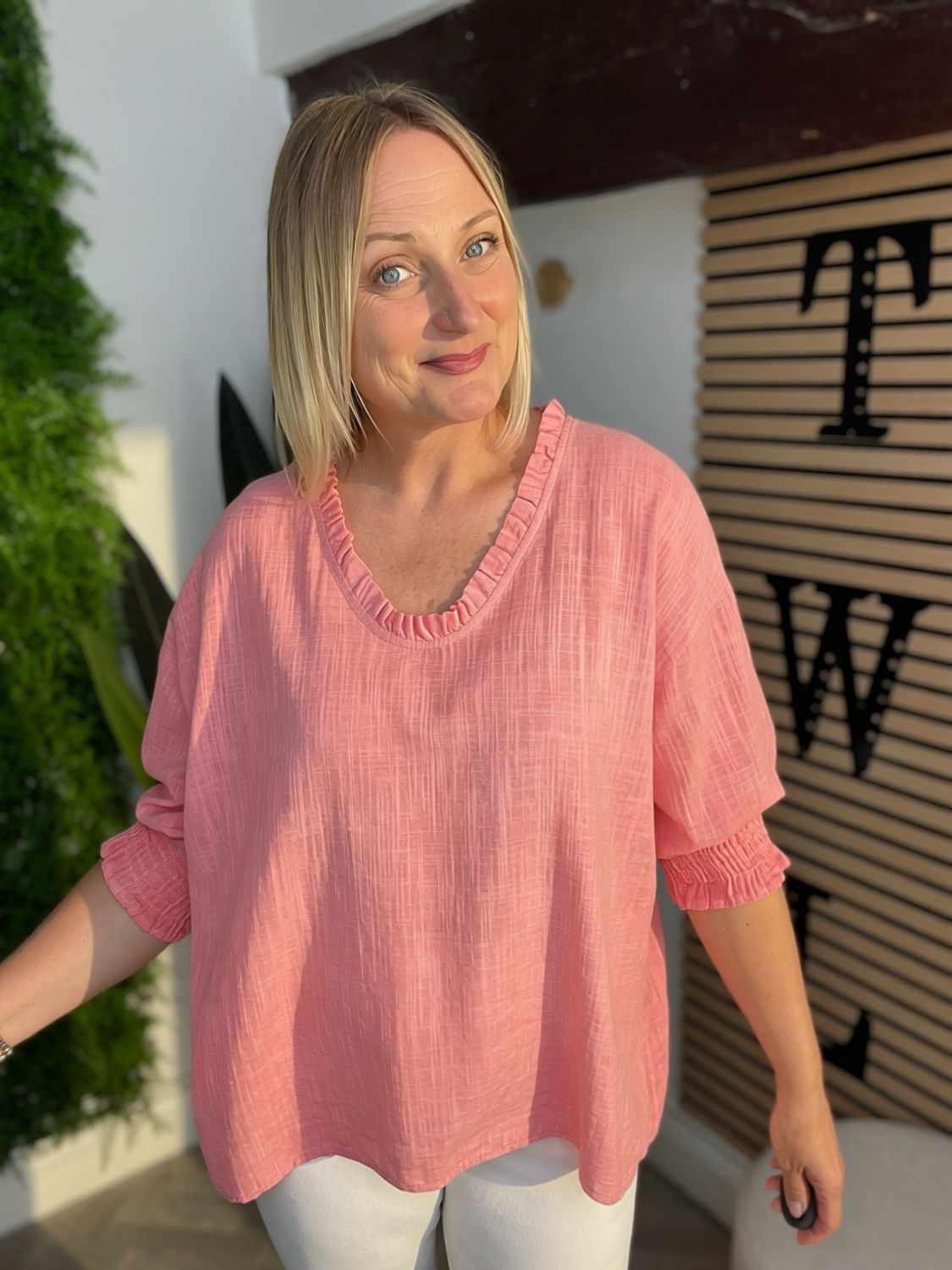 Frill Neck Cotton Blouse Top - Coral Frill Neck Cotton Blouse Top - Coral