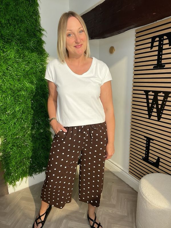 Polka Dot Culotte Trousers - Brown & Cream