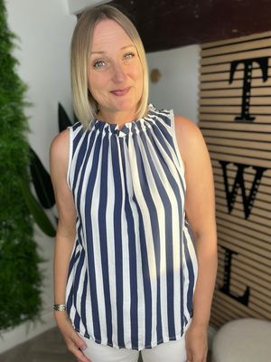 Halter Neck Style Top With Frill Neck - Navy & White