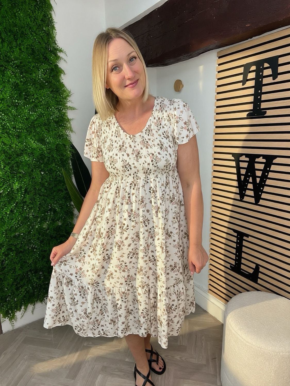 Shirred Stitch Detail & Flutter Sleeve Ditsy Dress - Khaki & Cream