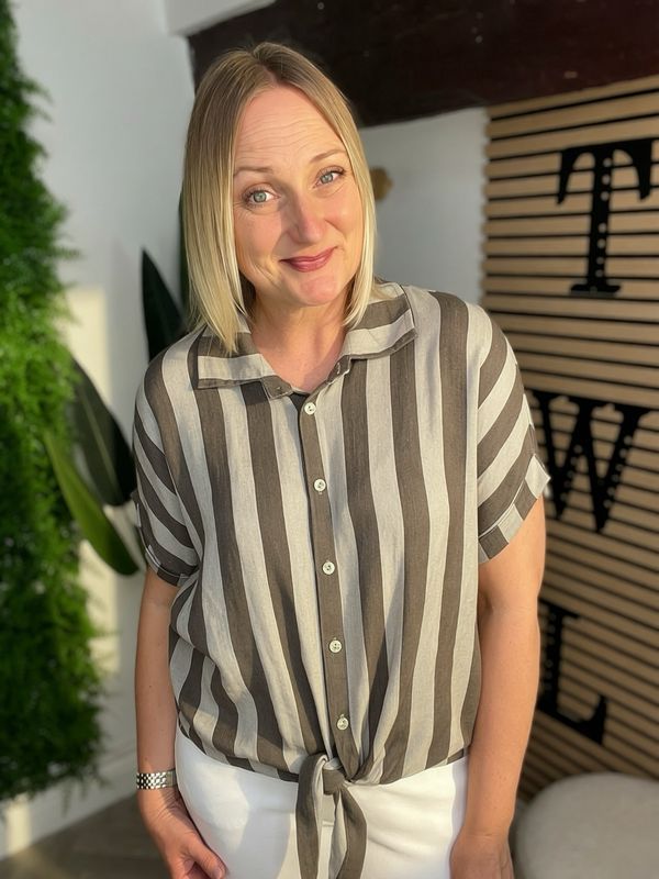 Tie Front Stripe Shirt - Chocolate & Mocha