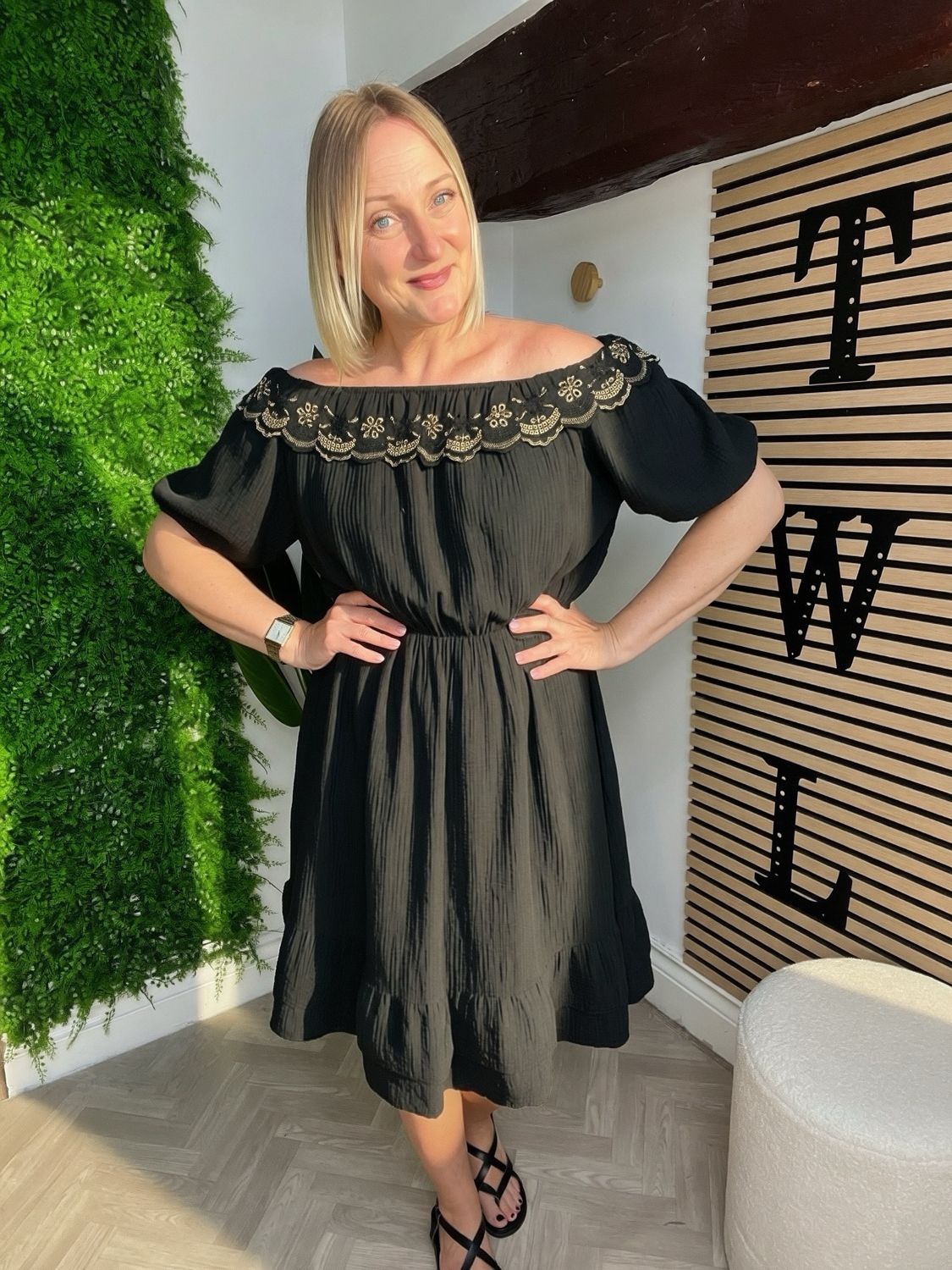 Waffle Bardot Style Midi Dress - Black