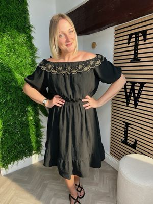 Waffle Bardot Style Midi Dress - Black