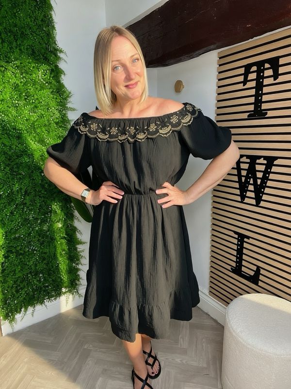 Waffle Bardot Style Midi Dress - Black