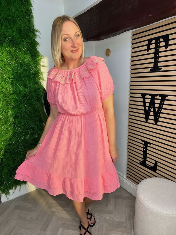 Waffle Bardot Style Midi Dress - Bubblegum Pink