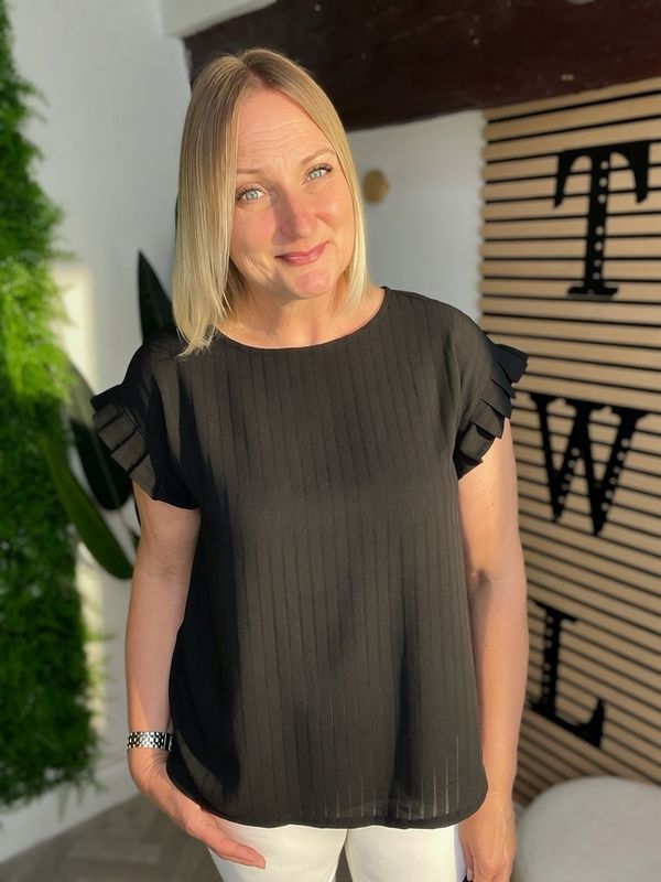 Frill Sleeve Top With Self coloured Pinstripe- Black