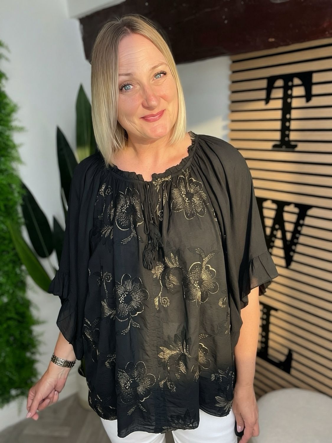 Gold Embroidered Detailed Top - Black