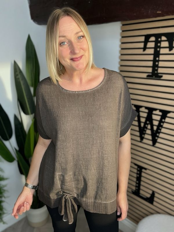 Ruched Side Detail Cotton Top - Brown