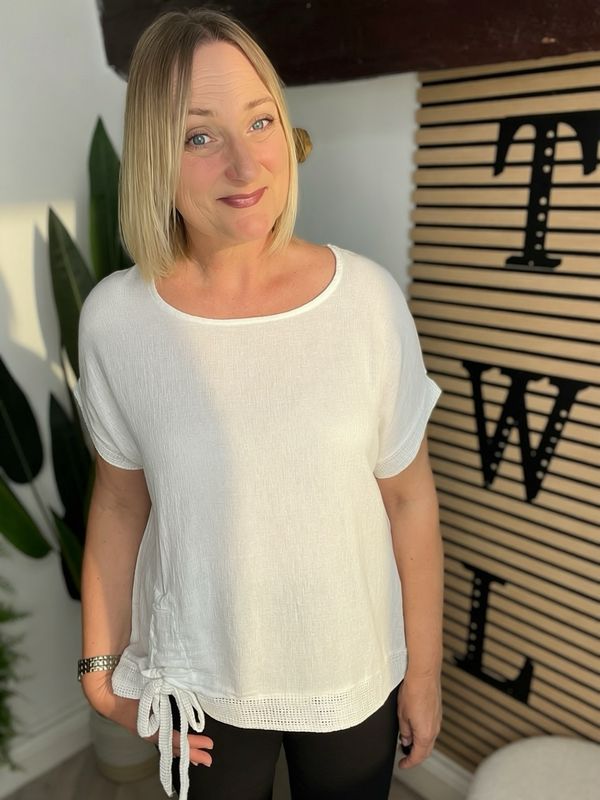 Ruched Side Detail Cotton Top - White