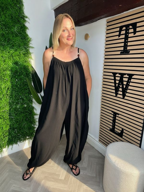 Cuffed Jumpsuit With Bead Detail - Black