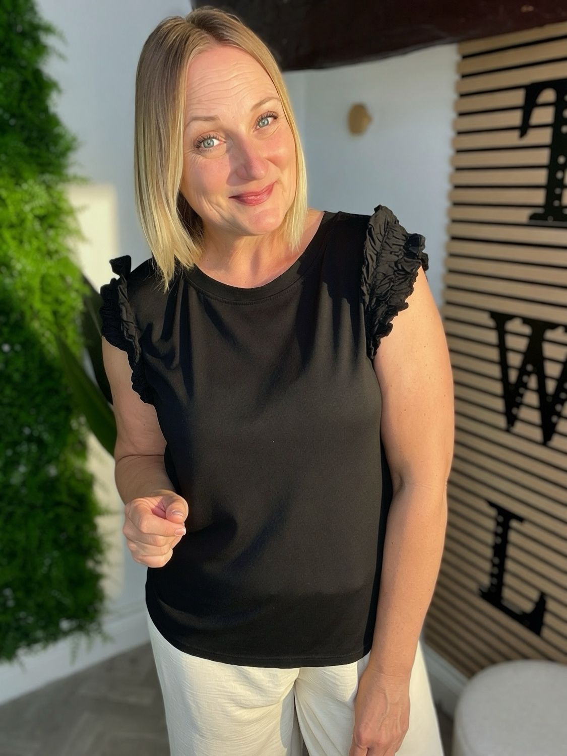 Relaxed Tee Ruffle Frill Shoulder Detail - Black