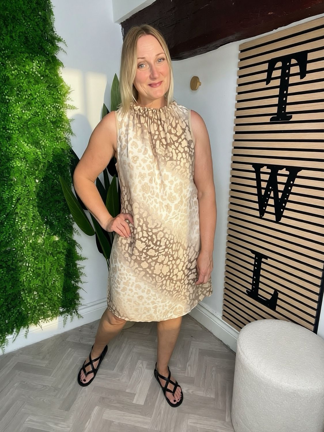 Halter Neck Frill Detail Shift Style Dress - Animal Camel