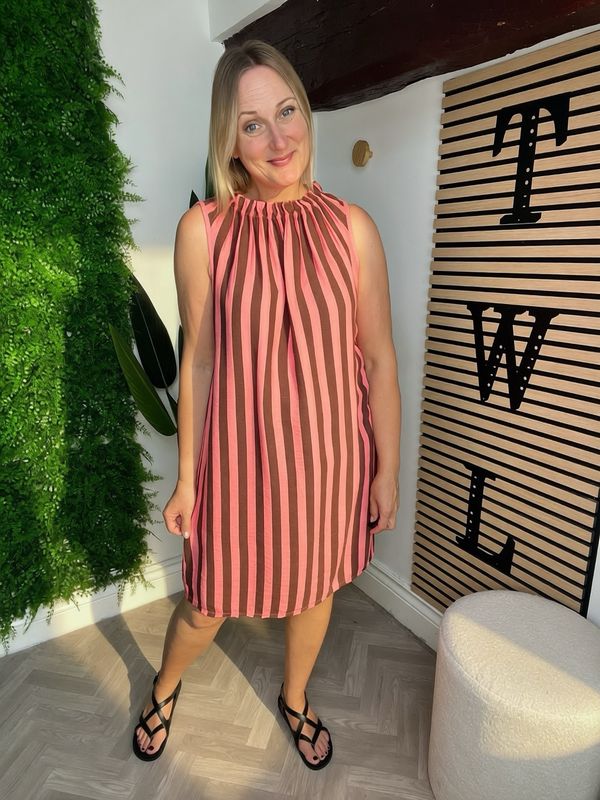 Halter Neck Frill Detail Shift Style Dress - Stripe Coral & Choc