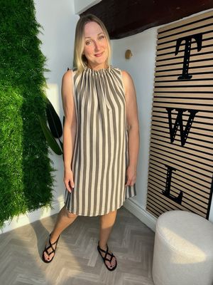 Halter Neck Frill Detail Shift Style Dress - Stripe Mocha & Choc