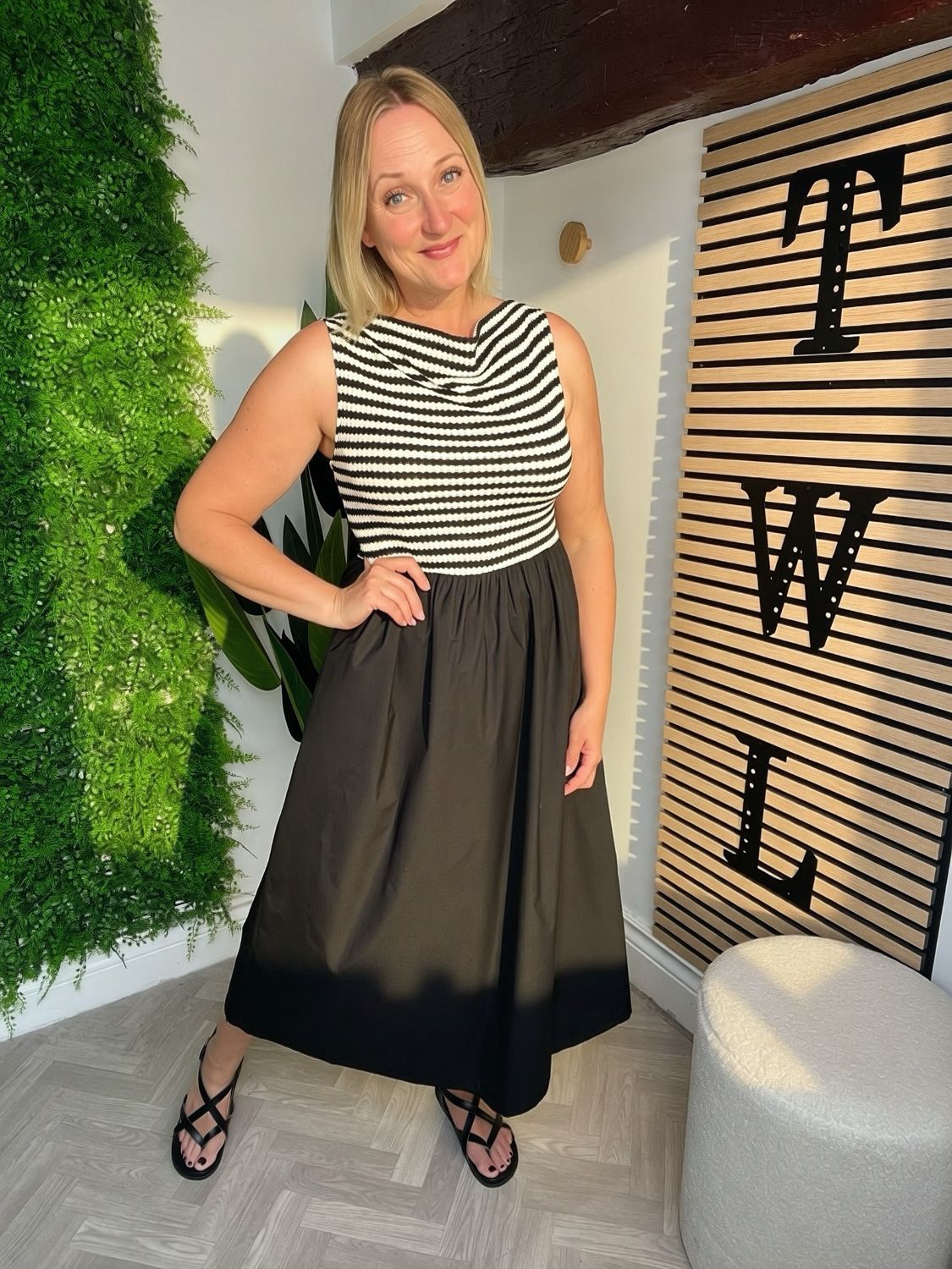 2 Fabric Cowl Neck Dress - Black & White