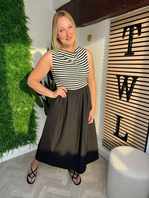 2 Fabric Cowl Neck Dress - Black & White