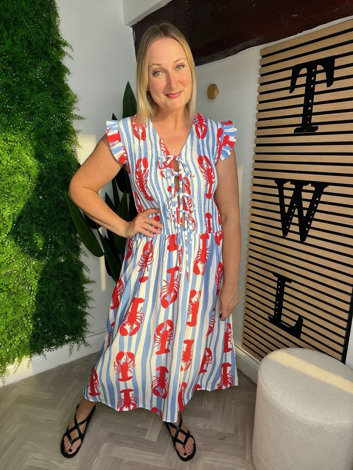 Tie Front Shirred Stitch Dress - Lobster Blue & Red