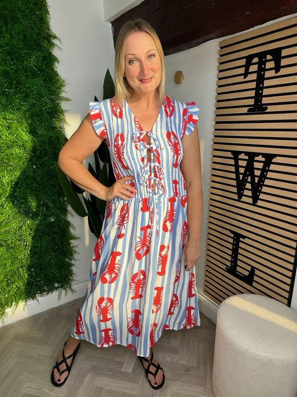 Tie Front Shirred Stitch Dress - Lobster Blue & Red