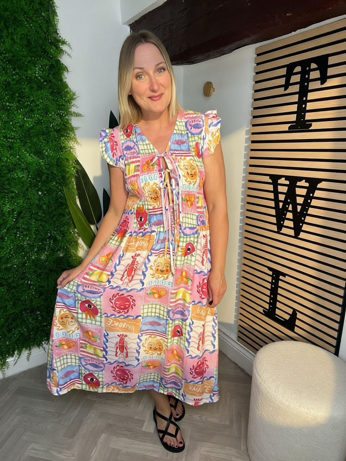 Tie Front Shirred Stitch Dress - Sardinia Multi