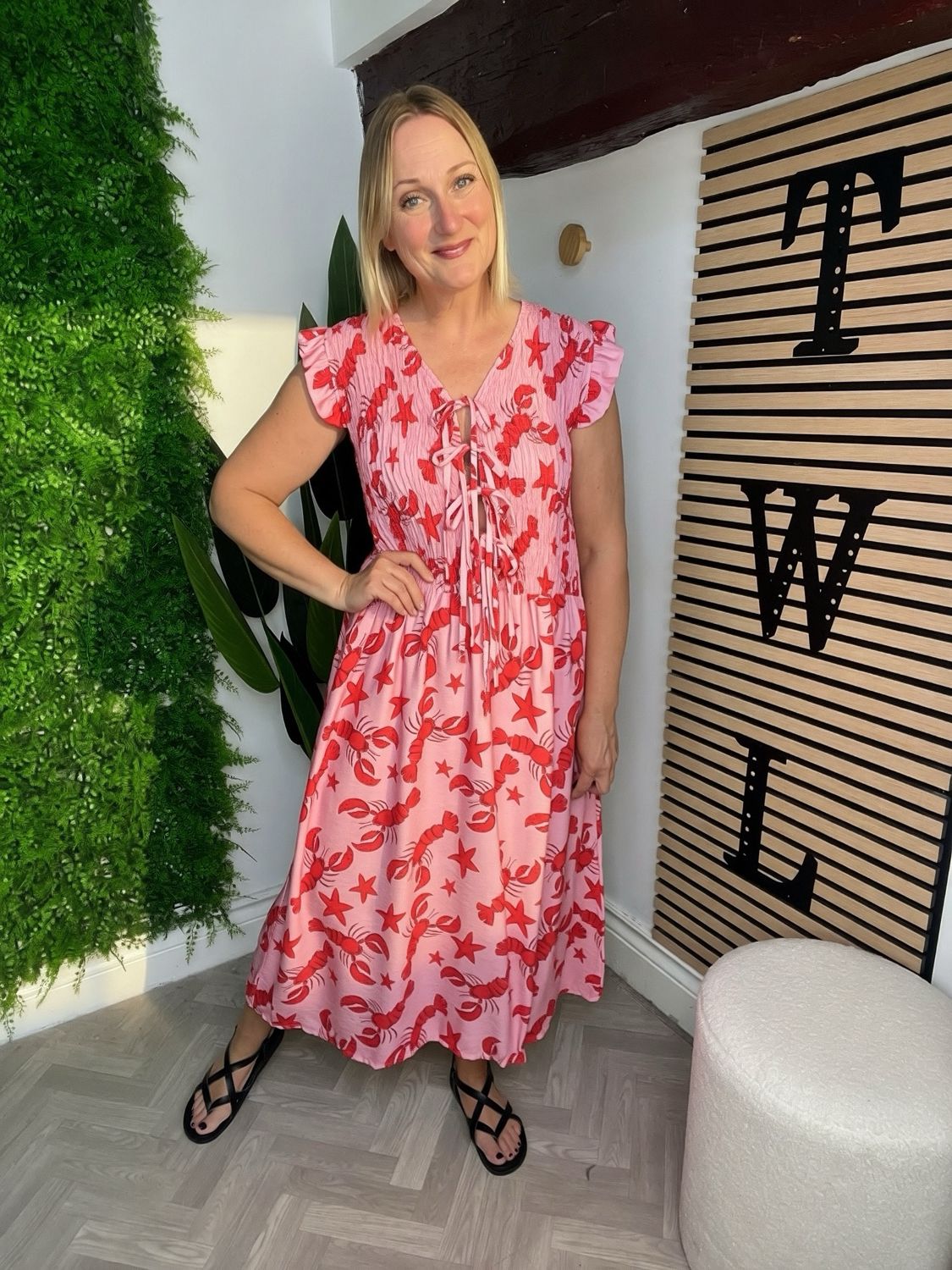 Tie Front Shirred Stitch Dress - Star & Lobster Pink& Red