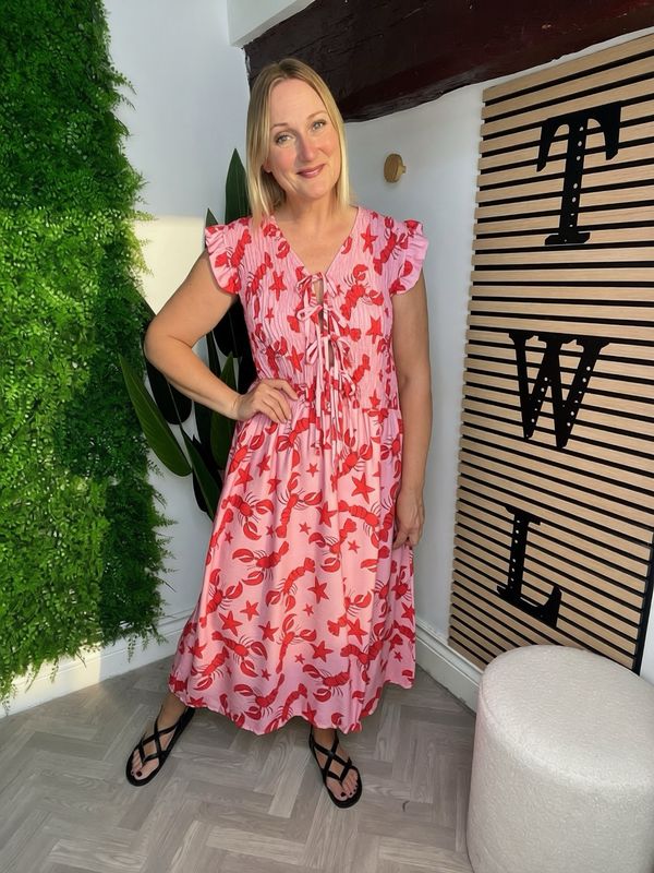 Tie Front Shirred Stitch Dress - Star & Lobster Pink& Red