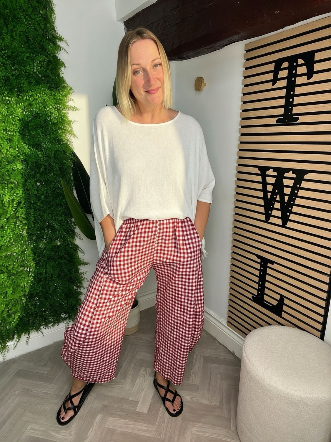 Gingham Barrel Leg Trouser - Deep Red