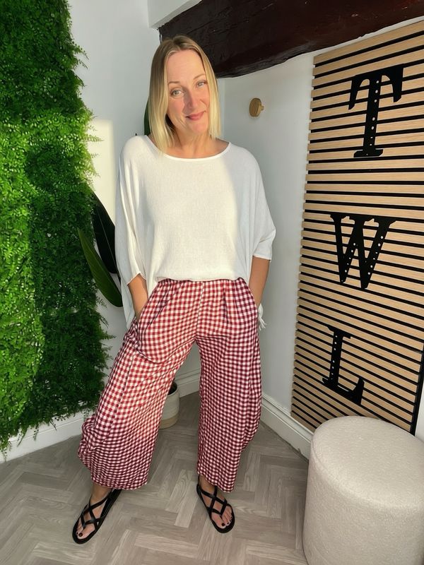 Gingham Barrel Leg Trouser - Deep Red